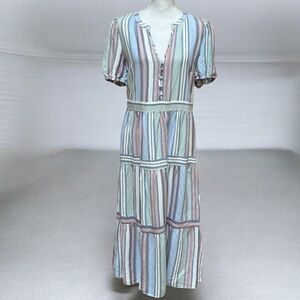 LOFT Size 10 Striped Multicolor Short Sleeve Button V Neck Tiered MIDI Dress